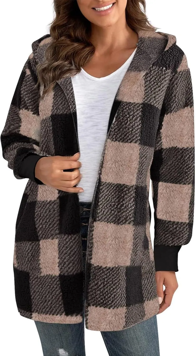 Women Fleece Jacket Fall Plaid Sherpa Jacket Open Front Flannel Hooded Cardigan Teddy Bear Coat with Pocket Outerwear