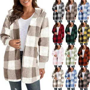 Women Fleece Jacket Fall Plaid Sherpa Jacket Open Front Flannel Hooded Cardigan Teddy Bear Coat with Pocket Outerwear