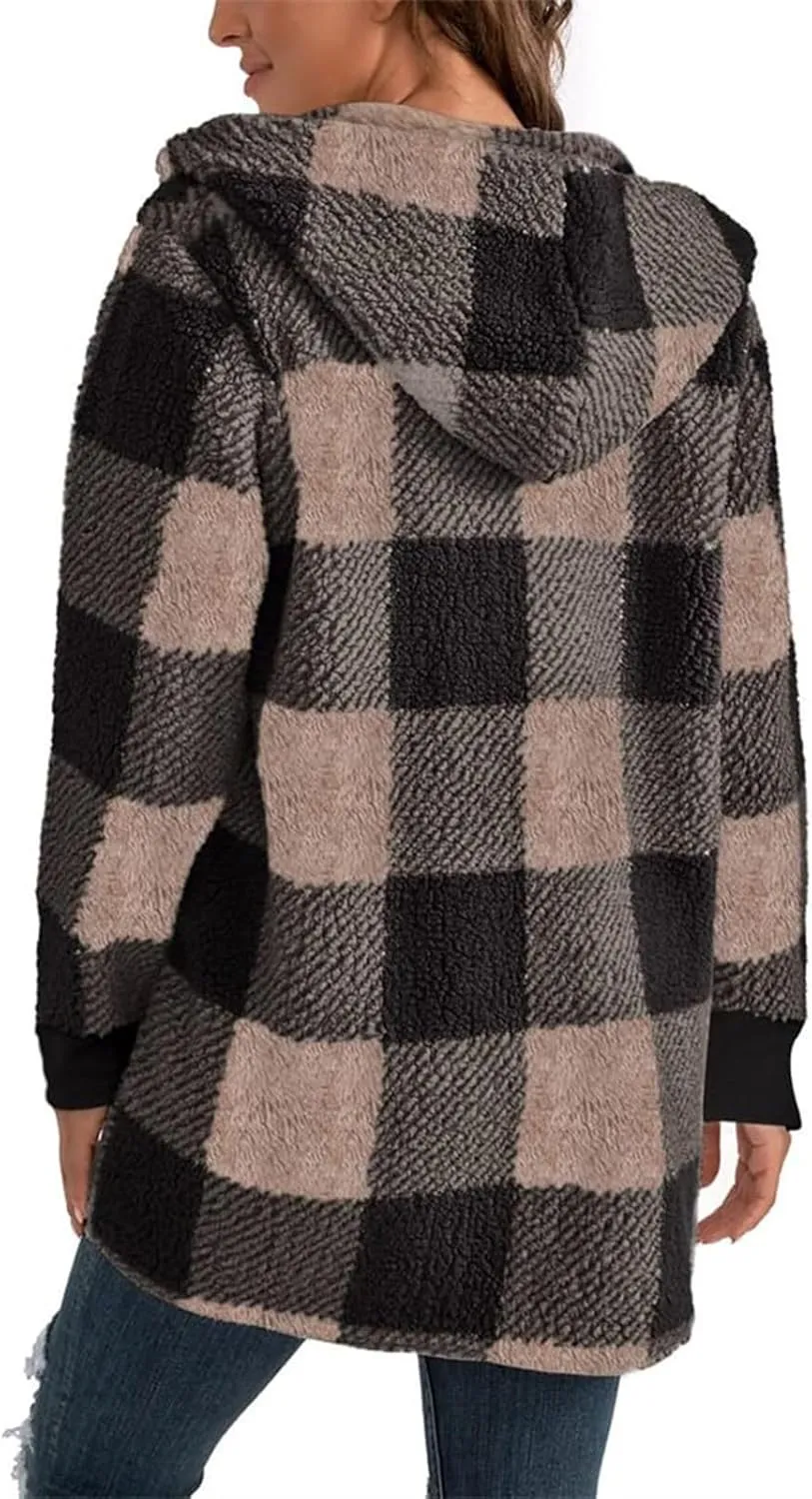 Women Fleece Jacket Fall Plaid Sherpa Jacket Open Front Flannel Hooded Cardigan Teddy Bear Coat with Pocket Outerwear
