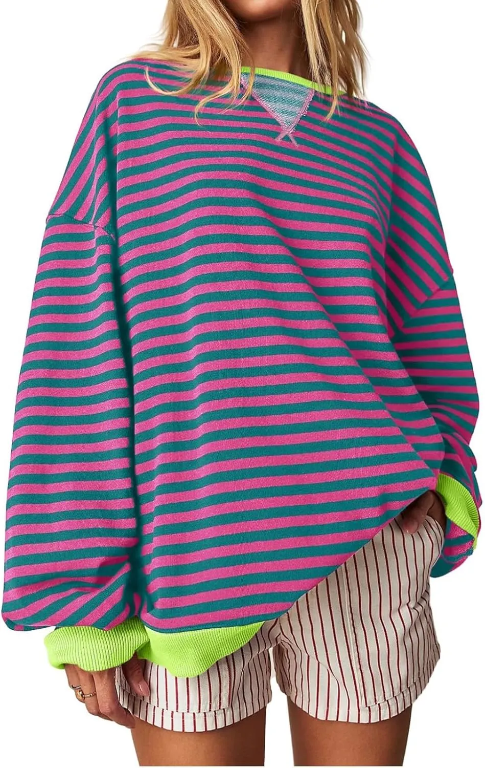 Women Free Crew Neck Sweatshirts Women Classic Striped Oversized Crewneck Long Sleeve Casual Sweatshirt Loose