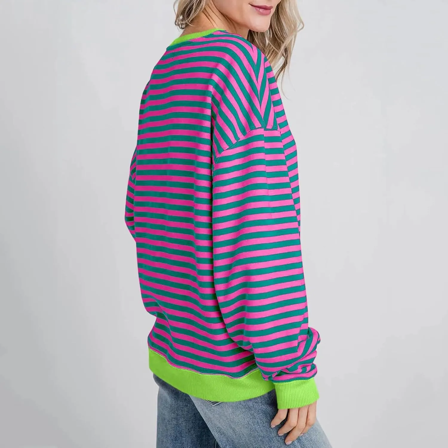 Women Free Crew Neck Sweatshirts Women Classic Striped Oversized Crewneck Long Sleeve Casual Sweatshirt Loose