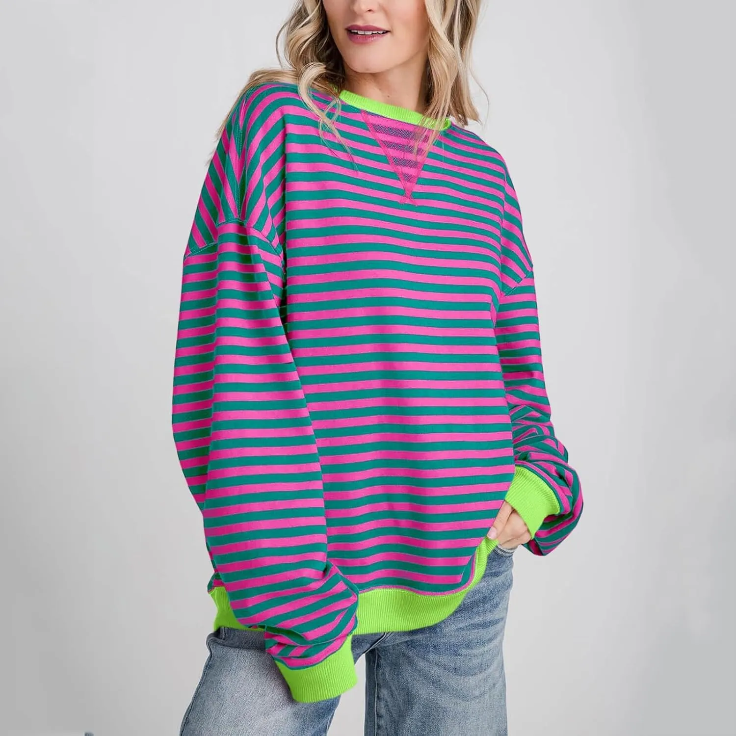 Women Free Crew Neck Sweatshirts Women Classic Striped Oversized Crewneck Long Sleeve Casual Sweatshirt Loose