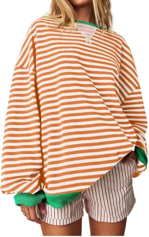 Women Free Crew Neck Sweatshirts Women Classic Striped Oversized Crewneck Long Sleeve Casual Sweatshirt Loose