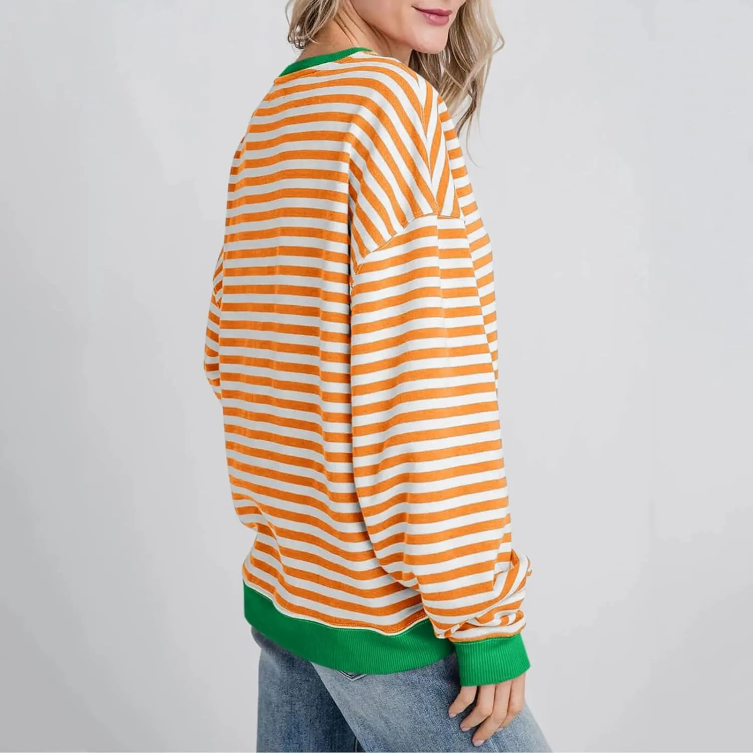Women Free Crew Neck Sweatshirts Women Classic Striped Oversized Crewneck Long Sleeve Casual Sweatshirt Loose
