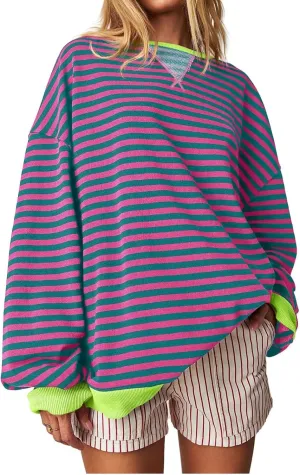 Women Free Crew Neck Sweatshirts Women Classic Striped Oversized Crewneck Long Sleeve Casual Sweatshirt Loose