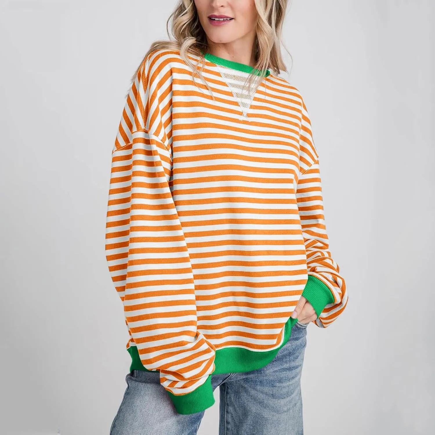 Women Free Crew Neck Sweatshirts Women Classic Striped Oversized Crewneck Long Sleeve Casual Sweatshirt Loose