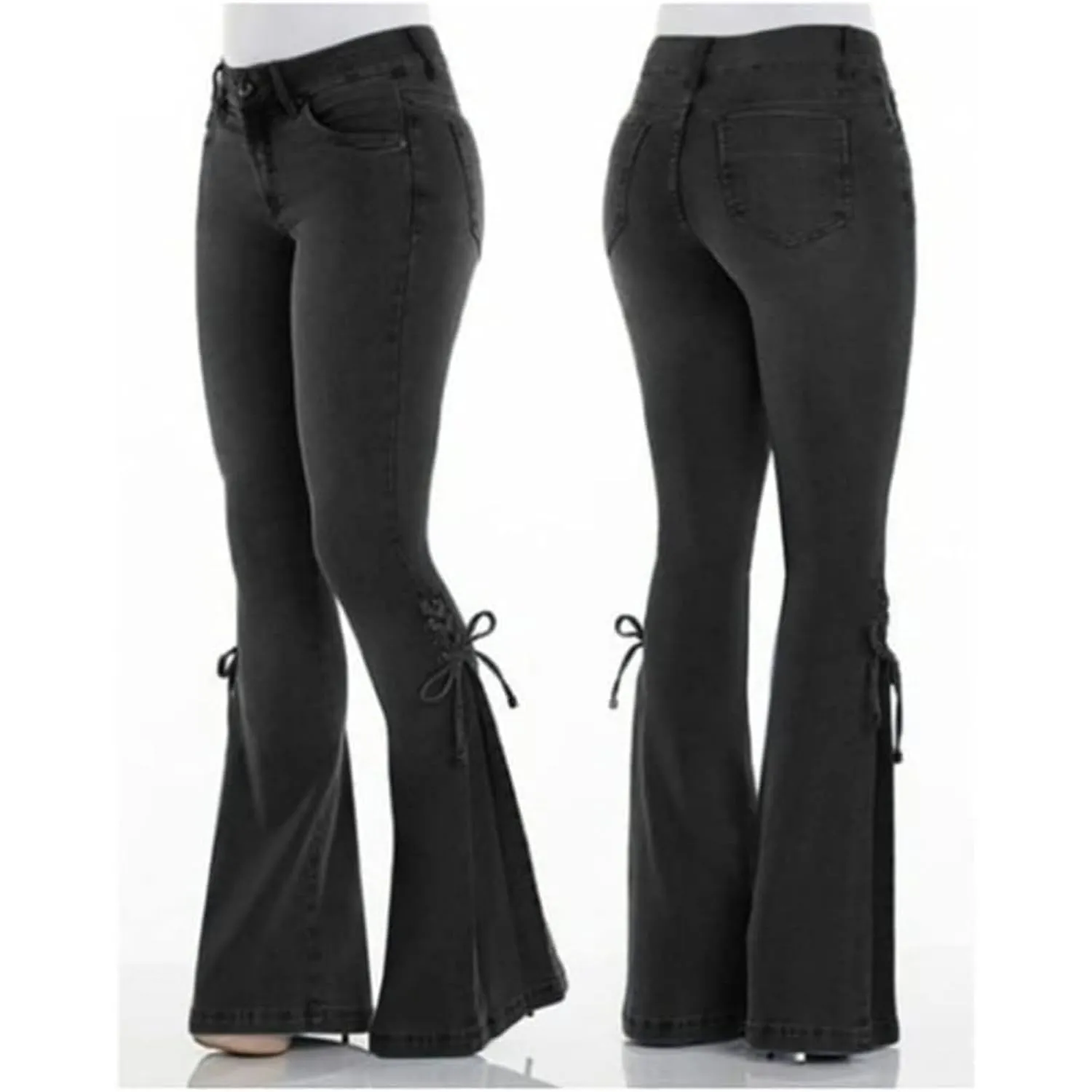 Women High Waisted Split Hem Flared Denim Pants Skinny Ripped Bell Bottom Jeans Distressed Wide Leg Jean Trouser (BlackA1,Large)