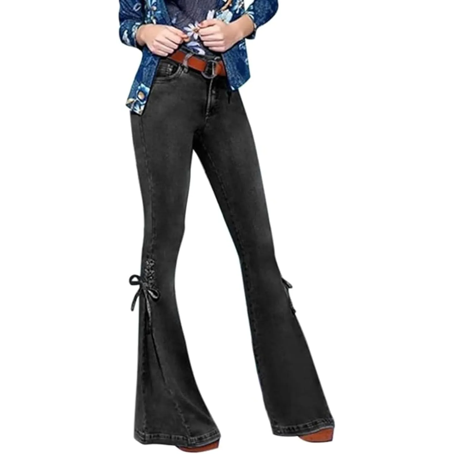 Women High Waisted Split Hem Flared Denim Pants Skinny Ripped Bell Bottom Jeans Distressed Wide Leg Jean Trouser (BlackA1,Large)
