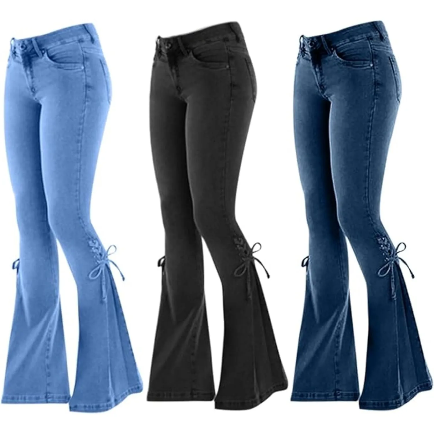 Women High Waisted Split Hem Flared Denim Pants Skinny Ripped Bell Bottom Jeans Distressed Wide Leg Jean Trouser (BlackA1,Large)