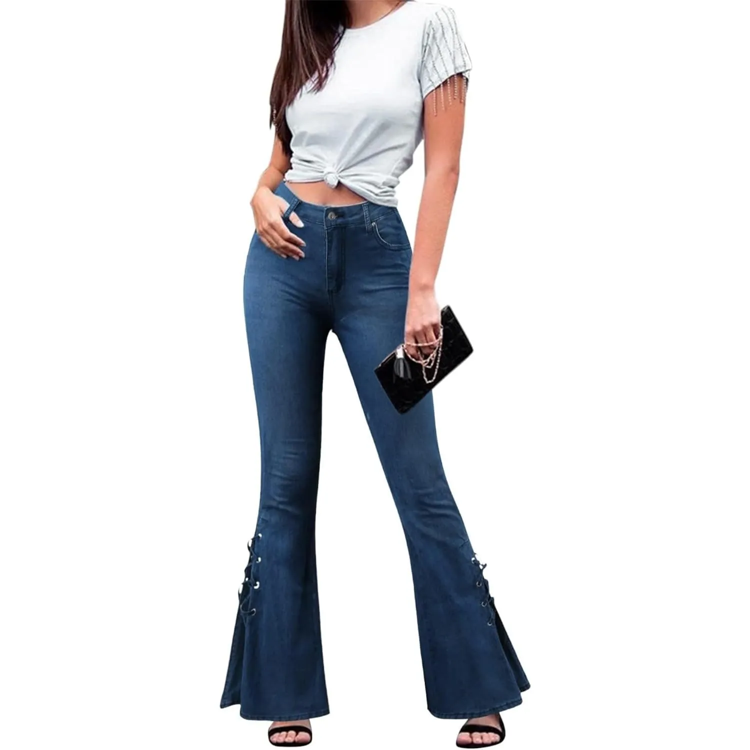 Women High Waisted Split Hem Flared Denim Pants Skinny Ripped Bell Bottom Jeans Distressed Wide Leg Jean Trouser (Dark BlueA1,Large)