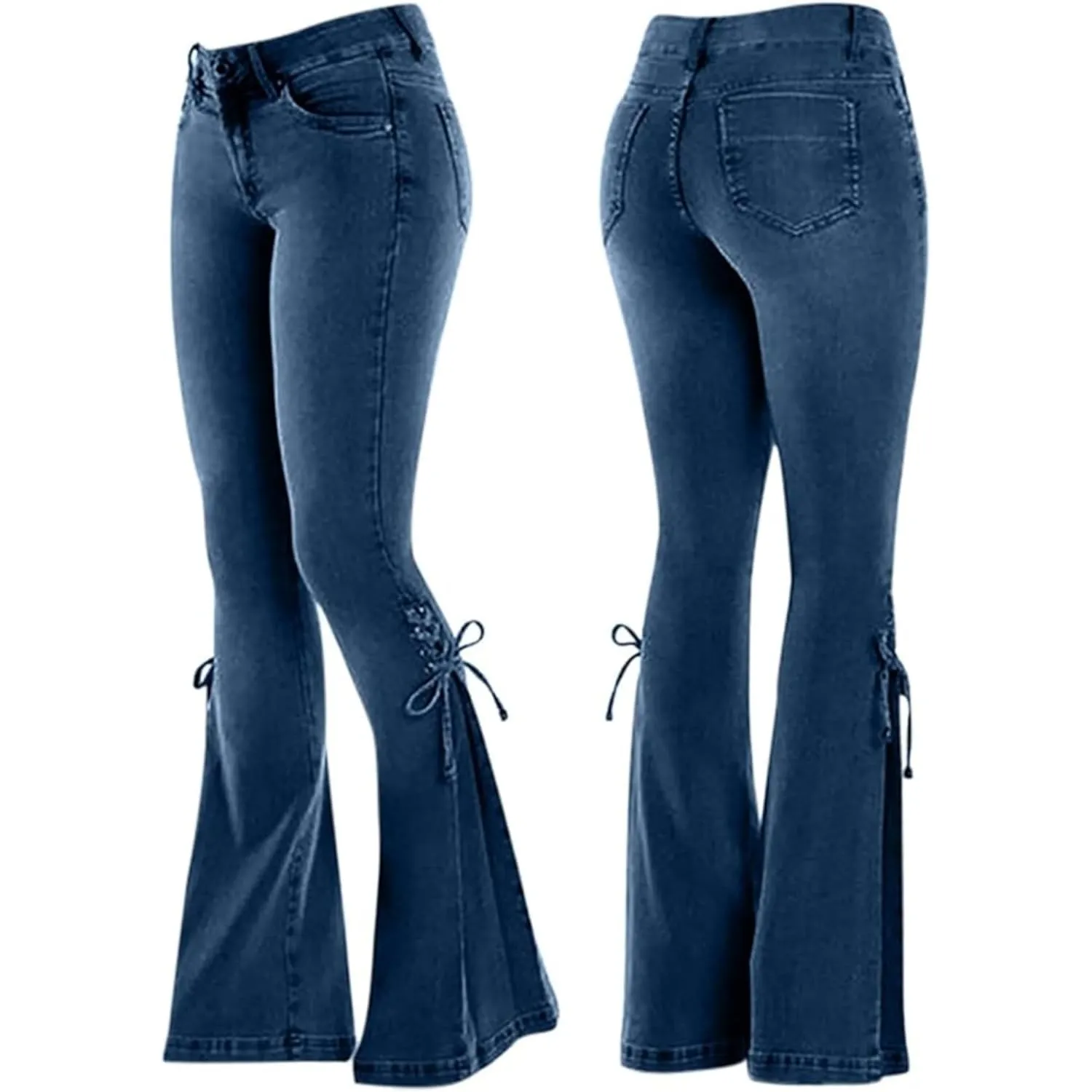 Women High Waisted Split Hem Flared Denim Pants Skinny Ripped Bell Bottom Jeans Distressed Wide Leg Jean Trouser (Dark BlueA1,Large)