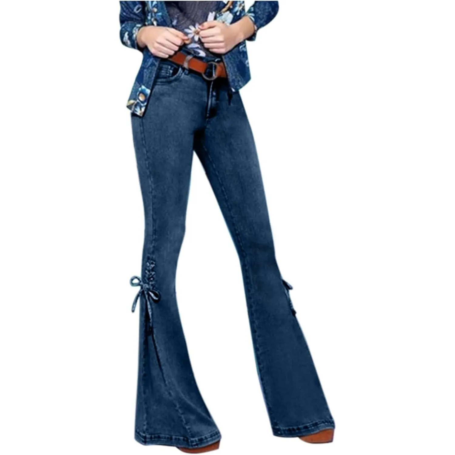 Women High Waisted Split Hem Flared Denim Pants Skinny Ripped Bell Bottom Jeans Distressed Wide Leg Jean Trouser (Dark BlueA1,Large)