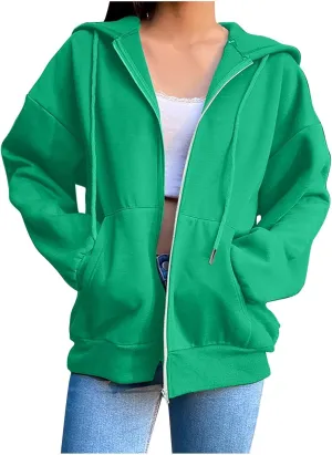 Women Hooded Full Zip Drawstring Sweatshirts Long Sleeve Oversized Casual Lightweight Jacket Winter Fashion Outfits