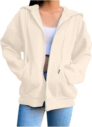 Women Hooded Full Zip Drawstring Sweatshirts Long Sleeve Oversized Casual Lightweight Jacket Winter Fashion Outfits