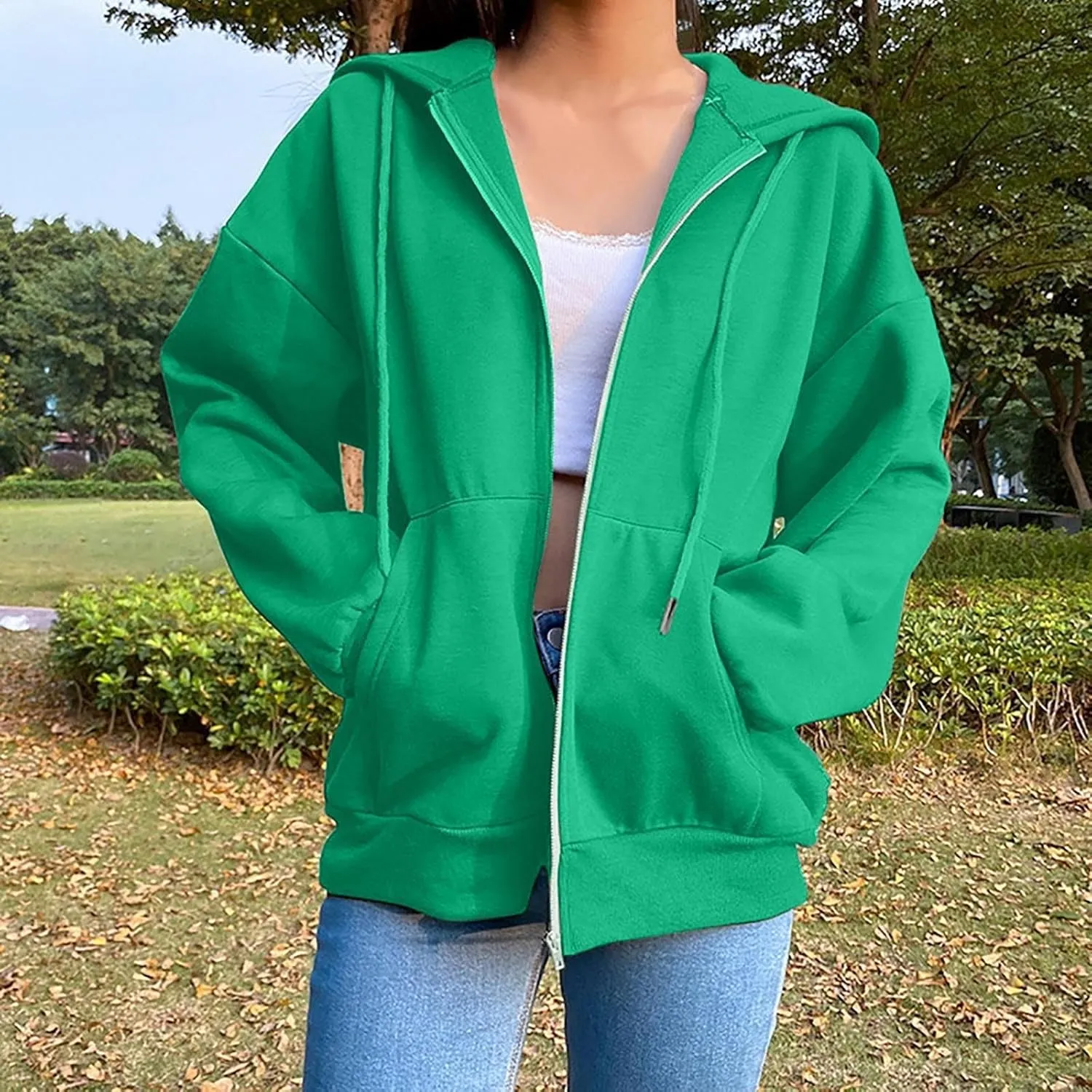 Women Hooded Full Zip Drawstring Sweatshirts Long Sleeve Oversized Casual Lightweight Jacket Winter Fashion Outfits