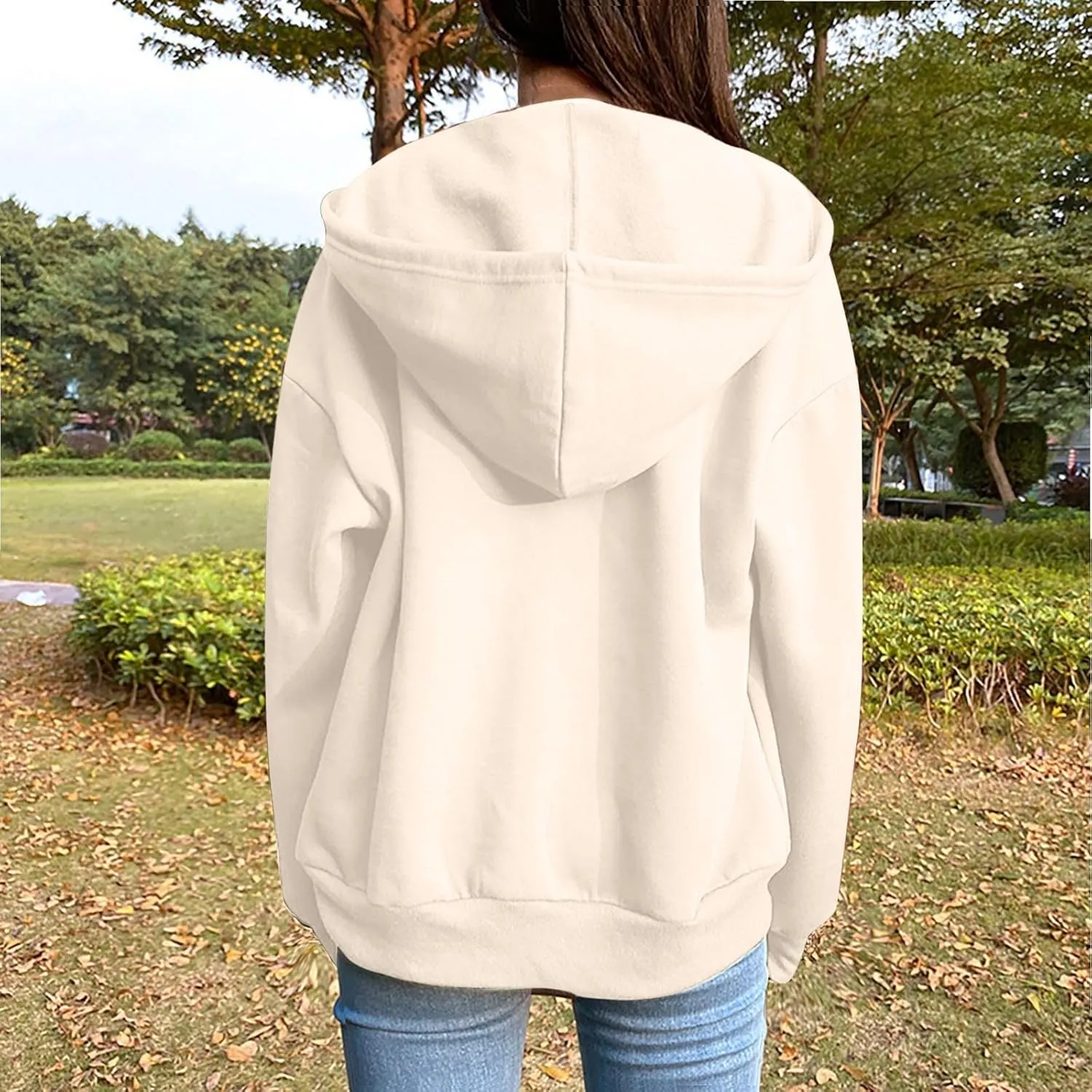 Women Hooded Full Zip Drawstring Sweatshirts Long Sleeve Oversized Casual Lightweight Jacket Winter Fashion Outfits