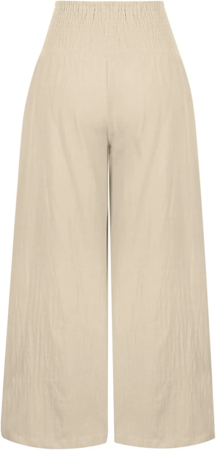 Women Linen Palazzo Pants Summer Wide Leg Pants Casual Beach Lounge Trousers High Waist Pants Pockets Boho Work Pants