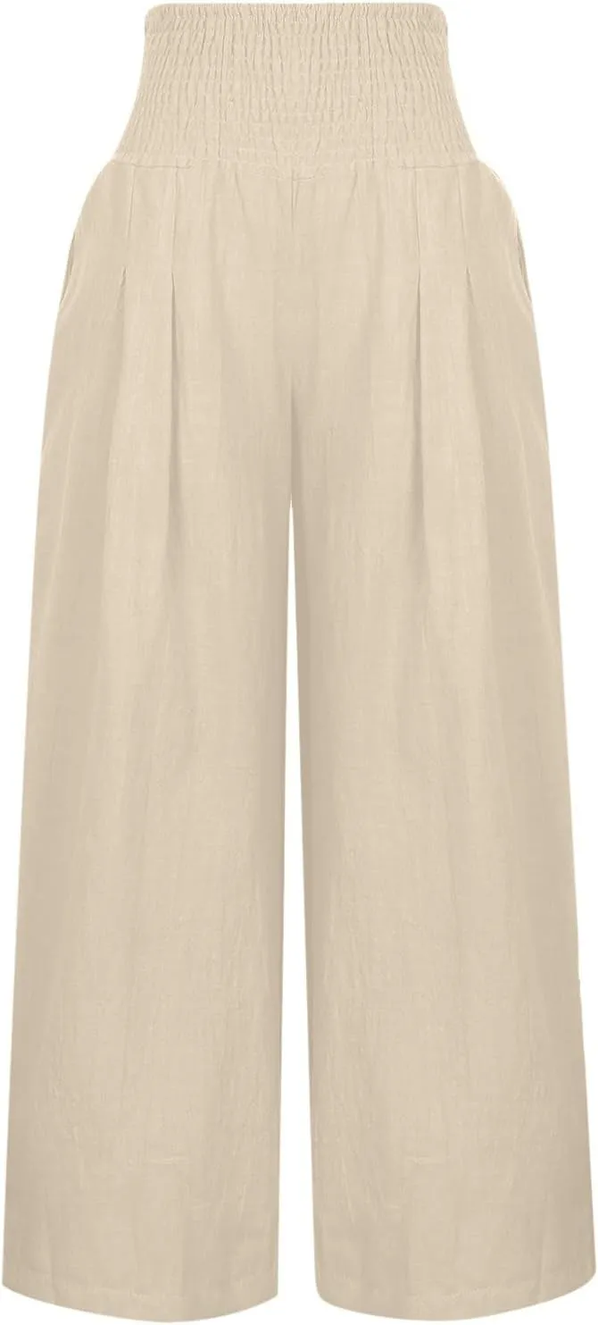 Women Linen Palazzo Pants Summer Wide Leg Pants Casual Beach Lounge Trousers High Waist Pants Pockets Boho Work Pants