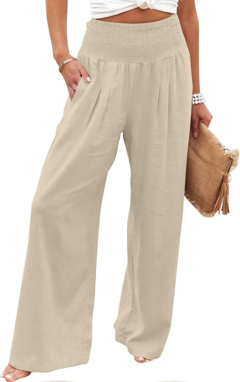 Women Linen Palazzo Pants Summer Wide Leg Pants Casual Beach Lounge Trousers High Waist Pants Pockets Boho Work Pants