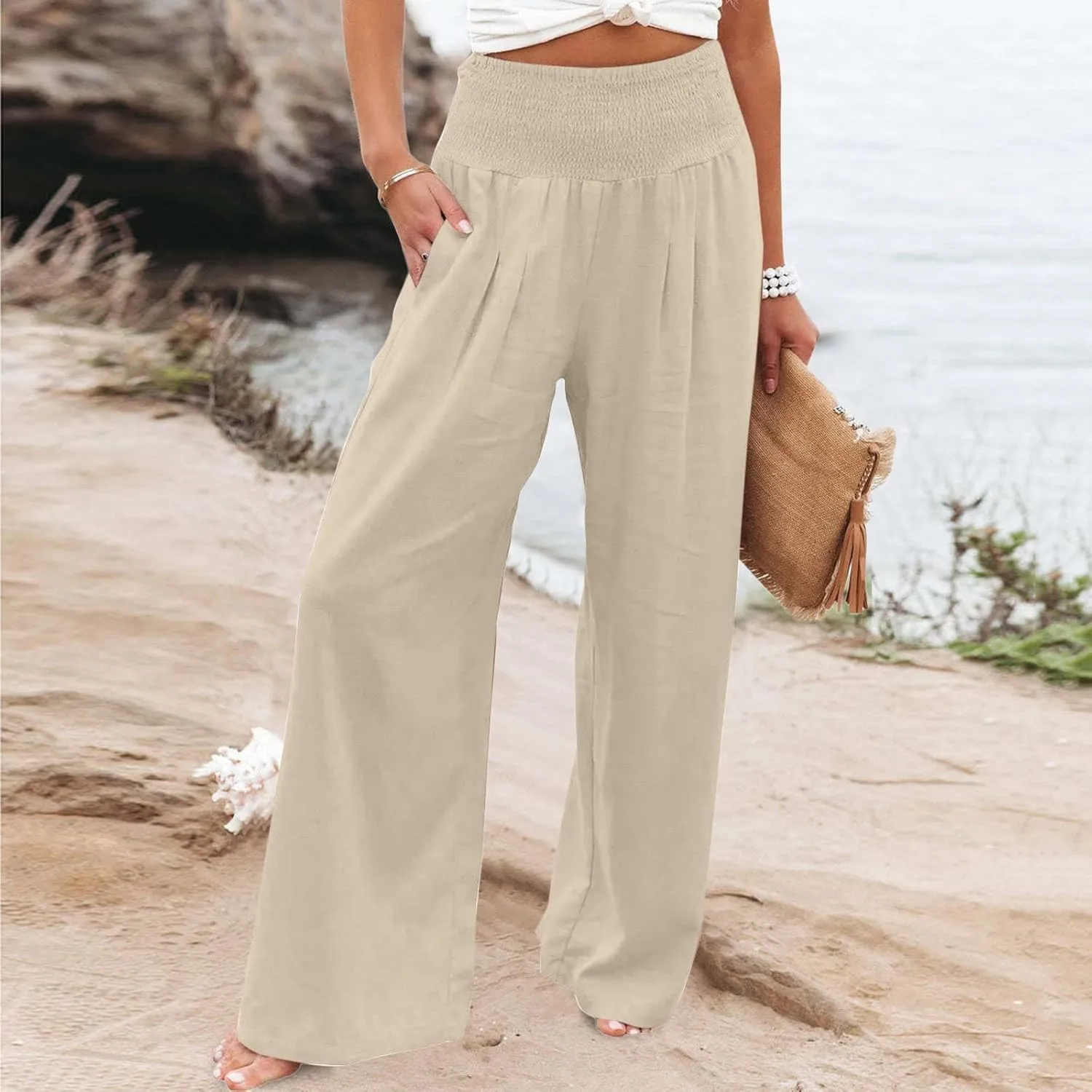 Women Linen Palazzo Pants Summer Wide Leg Pants Casual Beach Lounge Trousers High Waist Pants Pockets Boho Work Pants