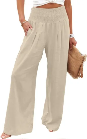 Women Linen Palazzo Pants Summer Wide Leg Pants Casual Beach Lounge Trousers High Waist Pants Pockets Boho Work Pants
