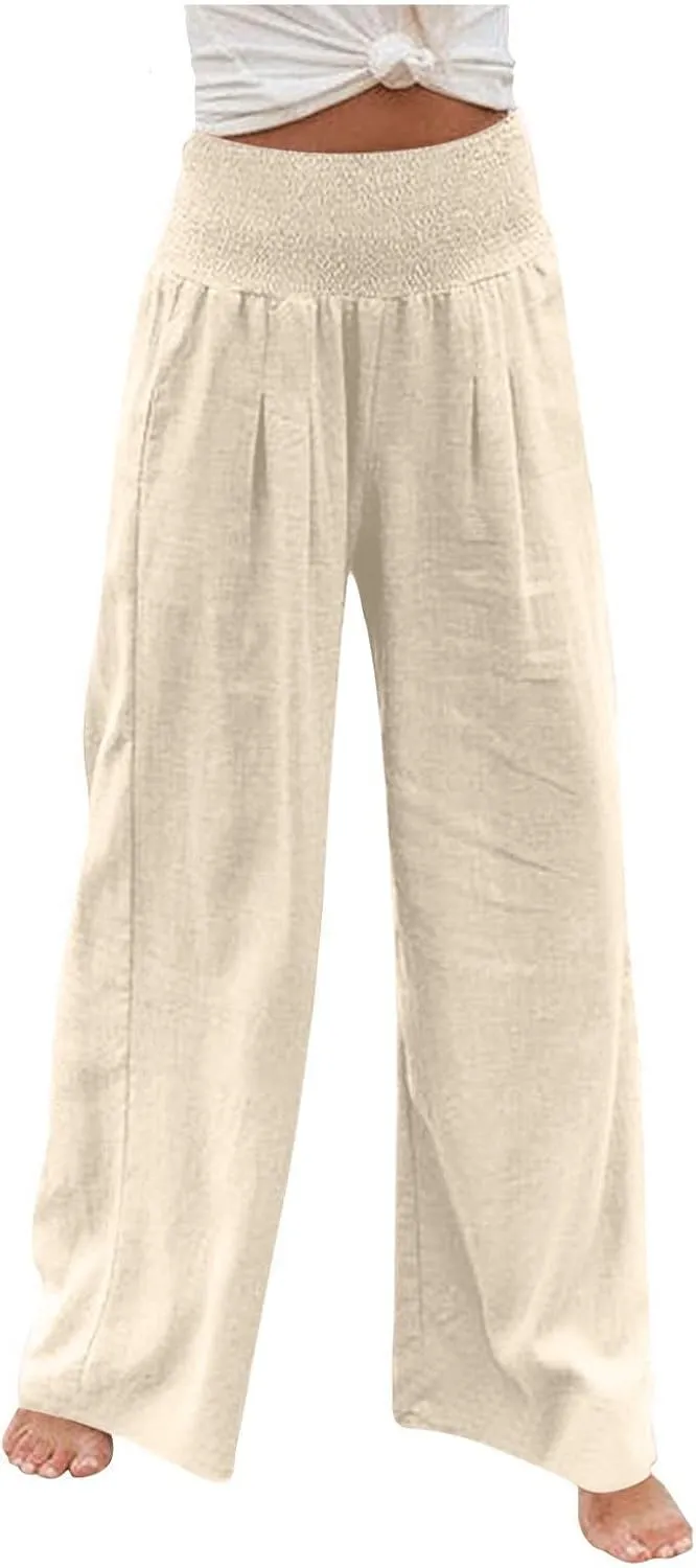 Women Linen Palazzo Pants Summer Wide Leg Pants Casual Beach Lounge Trousers High Waist Pants Pockets Boho Work Pants