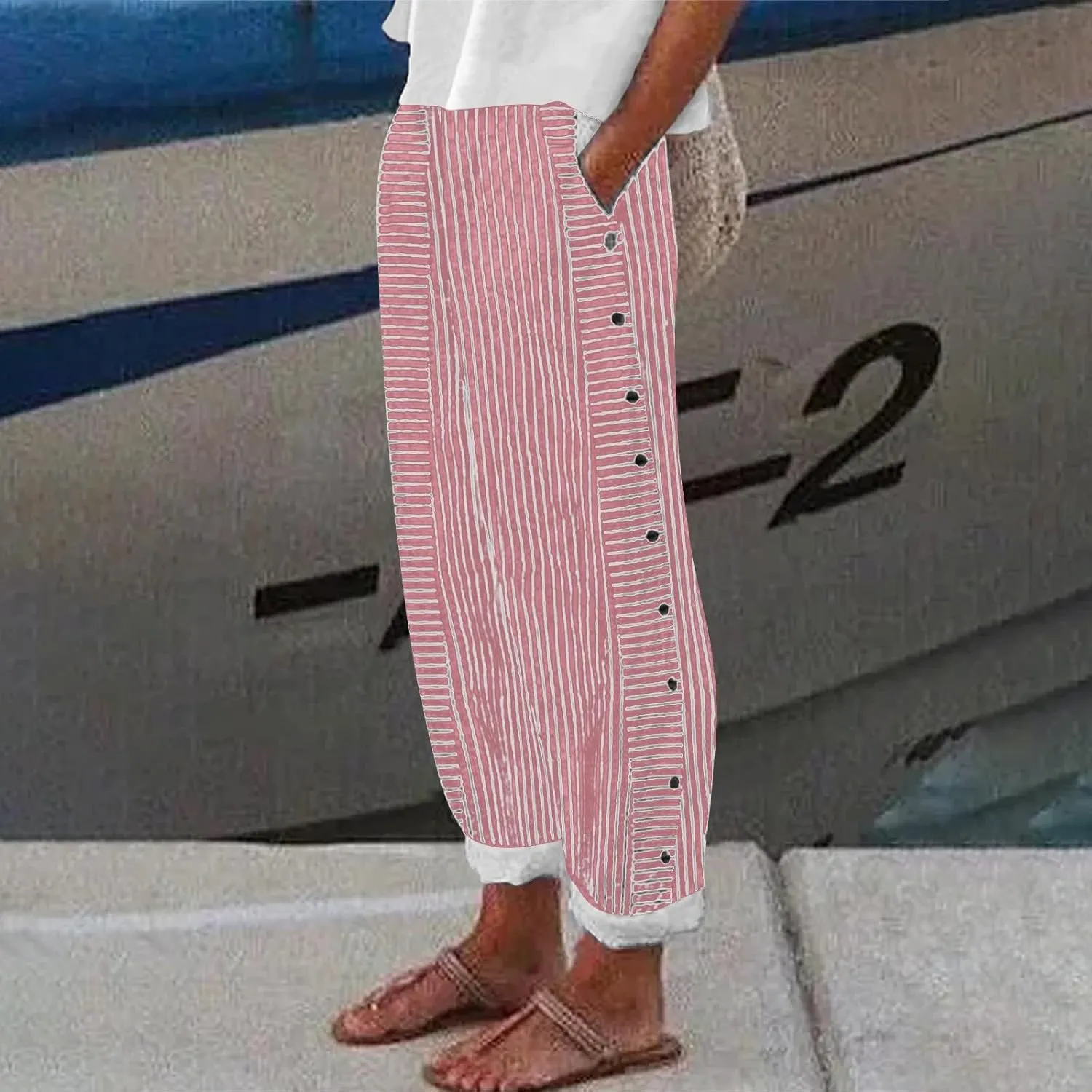 Women Linen Pants High Waist Adjustable High Waisted Dressy Trousers Linen Pants Women Summer Solid Lounge Long Trousers