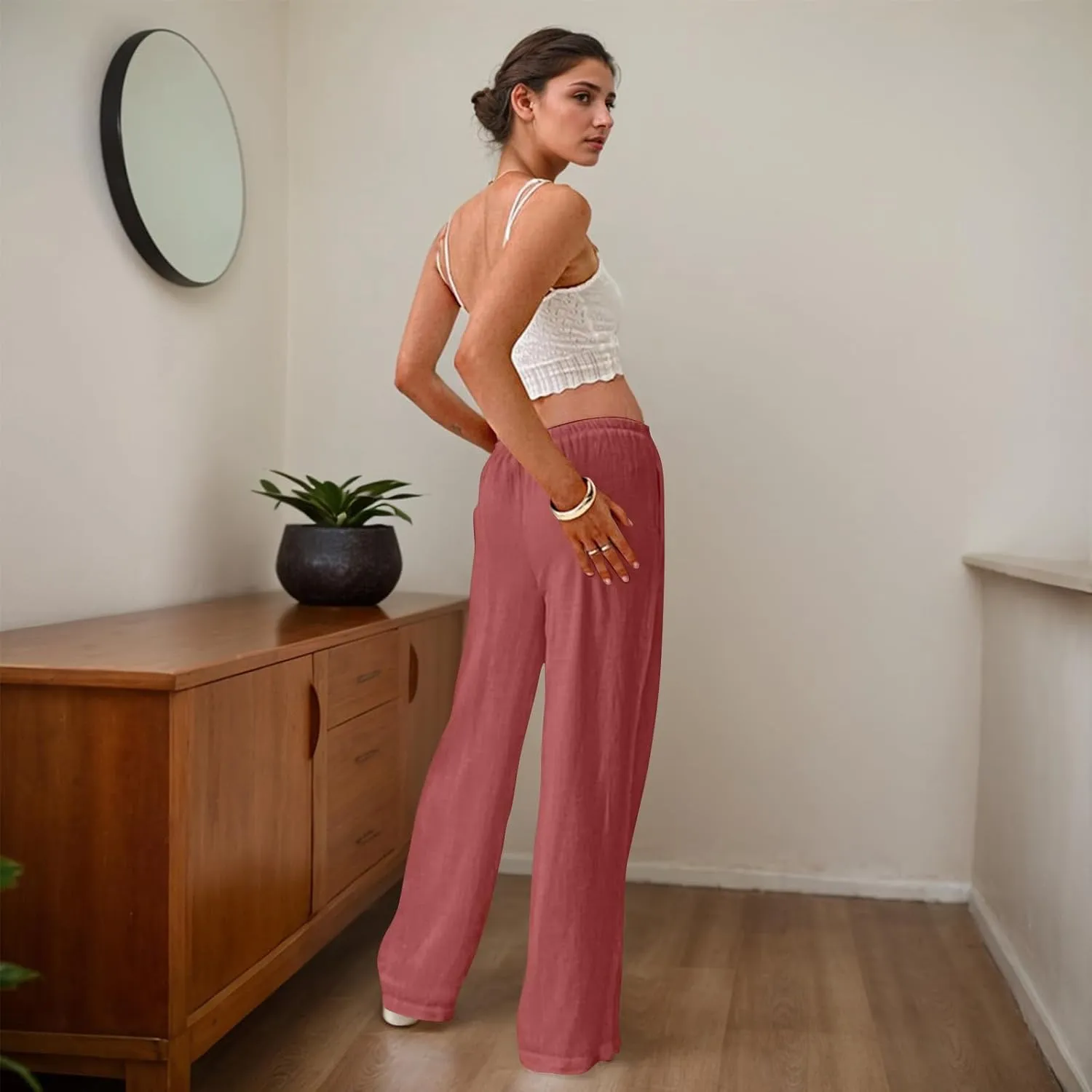 Women Linen Pants Summer Wide Leg Pants with Pockets Boho Beach Pants High Waist Drawstring Flowy Palazzo Pants