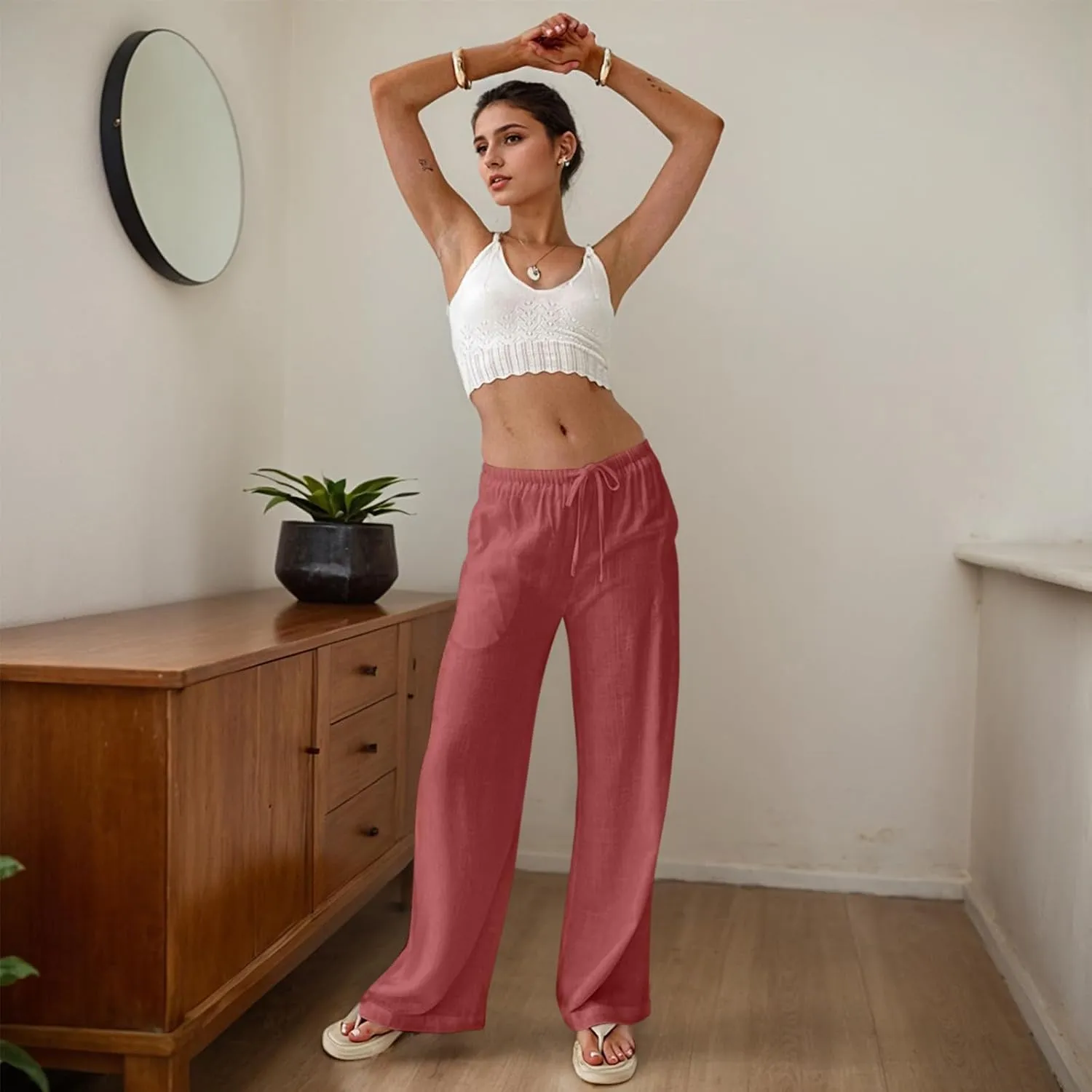 Women Linen Pants Summer Wide Leg Pants with Pockets Boho Beach Pants High Waist Drawstring Flowy Palazzo Pants