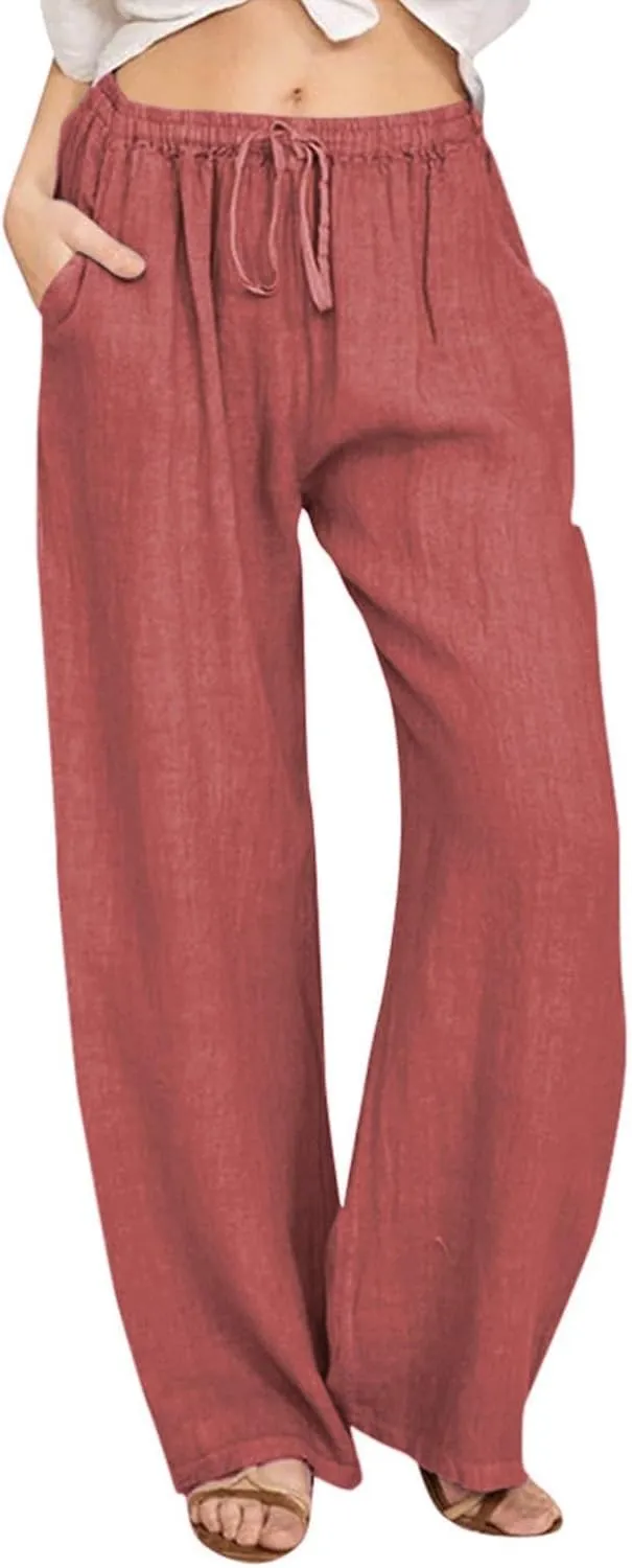 Women Linen Pants Summer Wide Leg Pants with Pockets Boho Beach Pants High Waist Drawstring Flowy Palazzo Pants