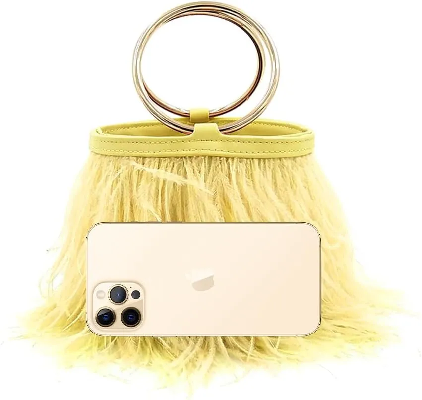Women Ostrich Fluffy Tote Bag Feather Purse Crossbody Bag Shoulder Bag Evening Clutch Bride Purse Banquet Party Yellow