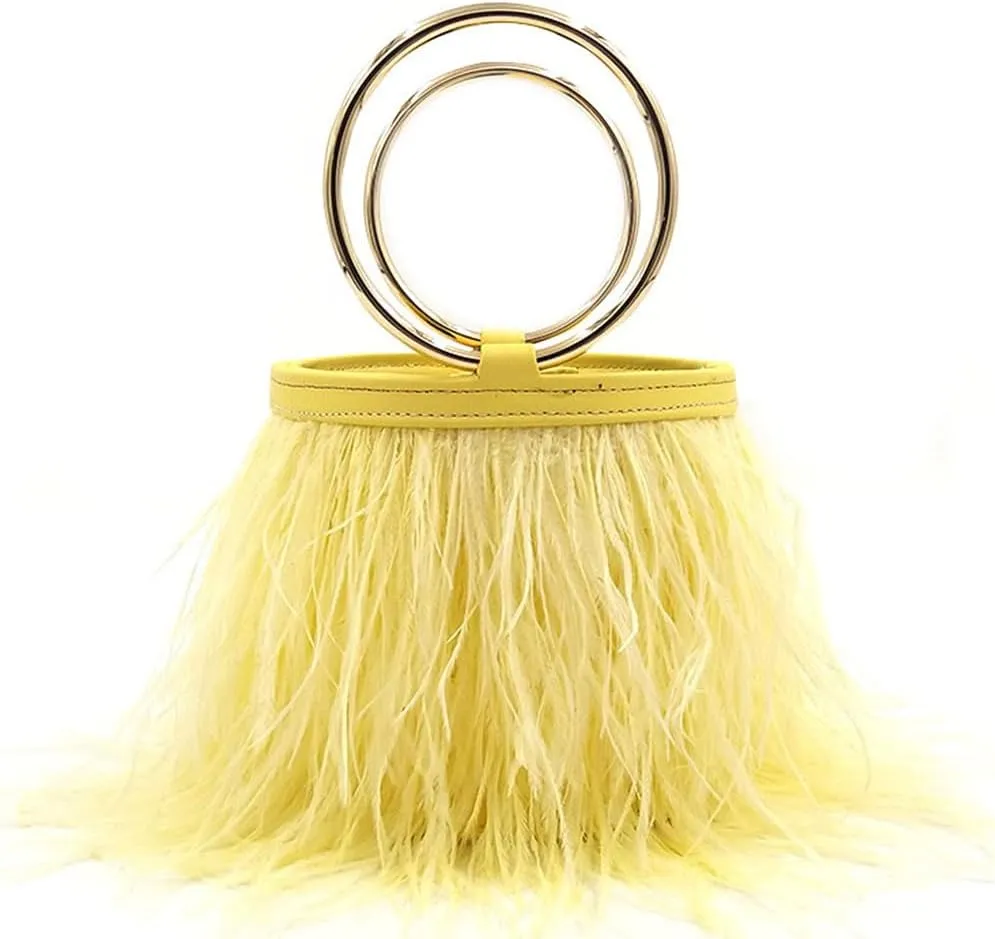 Women Ostrich Fluffy Tote Bag Feather Purse Crossbody Bag Shoulder Bag Evening Clutch Bride Purse Banquet Party Yellow