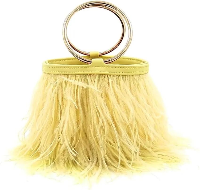 Women Ostrich Fluffy Tote Bag Feather Purse Crossbody Bag Shoulder Bag Evening Clutch Bride Purse Banquet Party Yellow