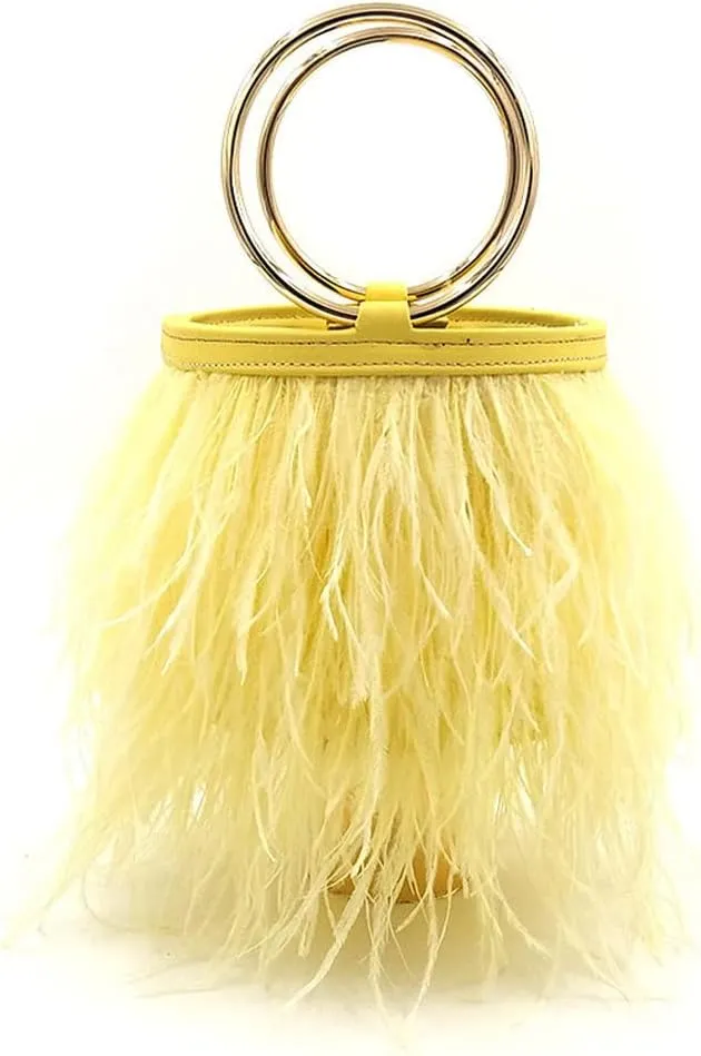 Women Ostrich Fluffy Tote Bag Feather Purse Crossbody Bag Shoulder Bag Evening Clutch Bride Purse Banquet Party Yellow