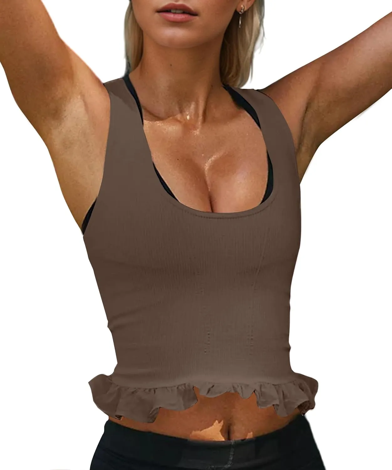 Women Ruffle Hem Racerback Workout Tank Tops Sleeveless Scoop Neck Ribbed Athletic Cami Shirts Crop Sports Tank Top