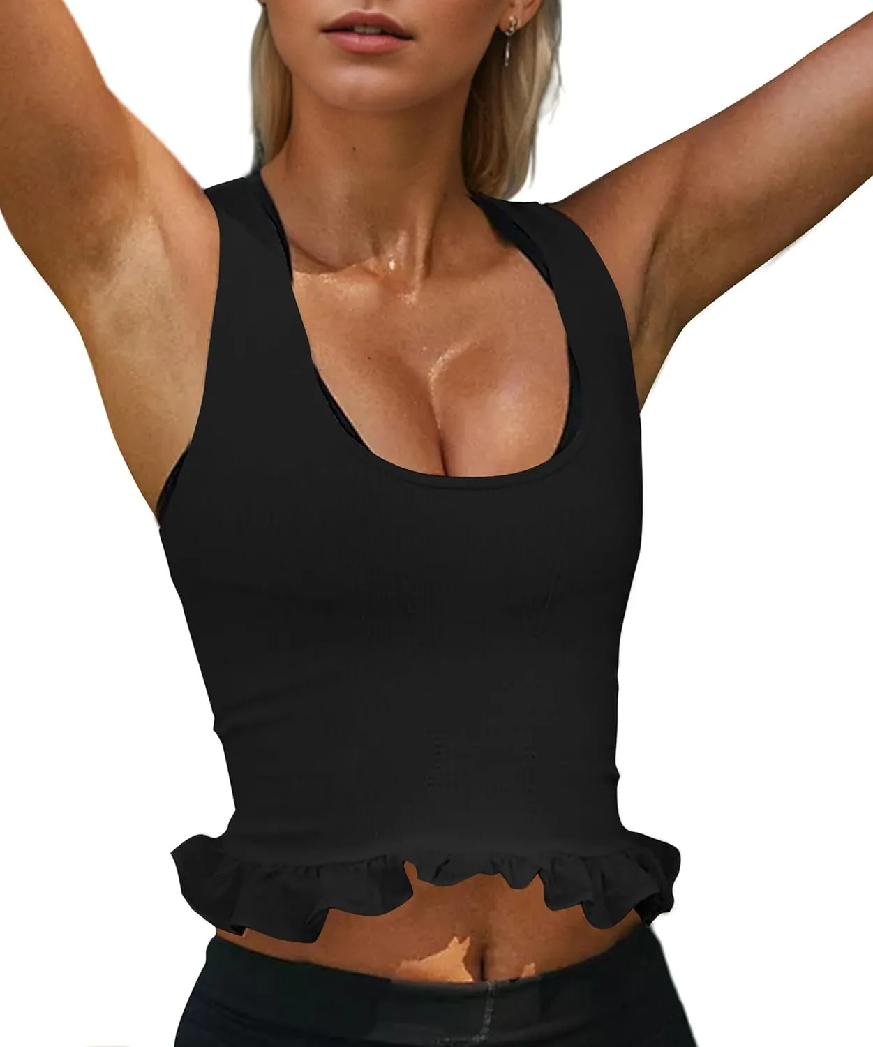 Women Ruffle Hem Racerback Workout Tank Tops Sleeveless Scoop Neck Ribbed Athletic Cami Shirts Crop Sports Tank Top