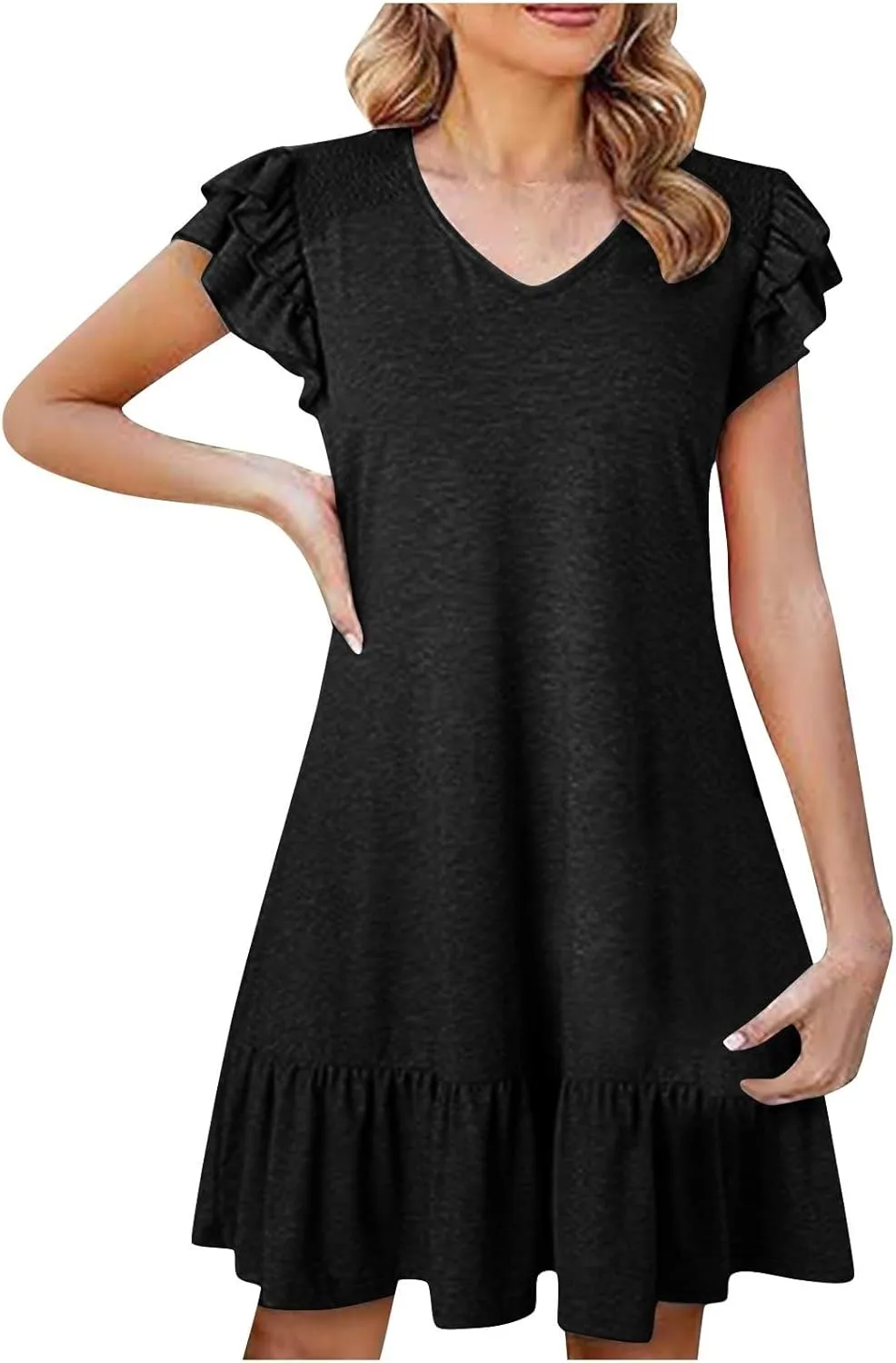 Women Ruffle Trim Mini Dress Dressy Casual V Neck T Shirt Dresses Summer Trendy Beach Sundress Pleated