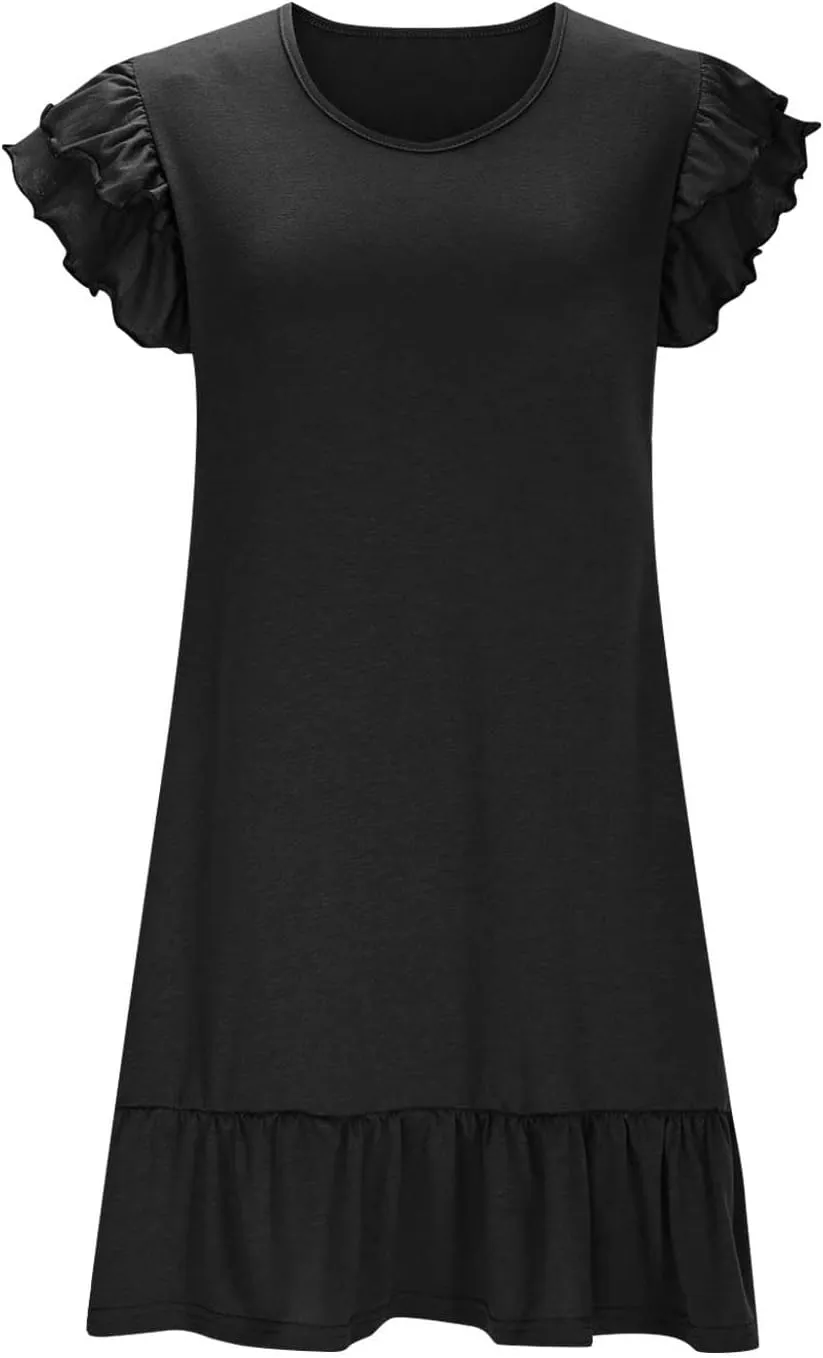 Women Ruffle Trim Mini Dress Dressy Casual V Neck T Shirt Dresses Summer Trendy Beach Sundress Pleated