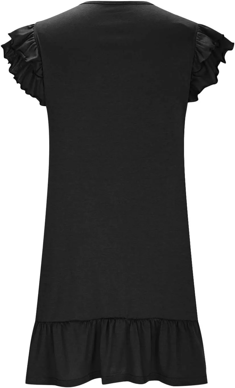 Women Ruffle Trim Mini Dress Dressy Casual V Neck T Shirt Dresses Summer Trendy Beach Sundress Pleated