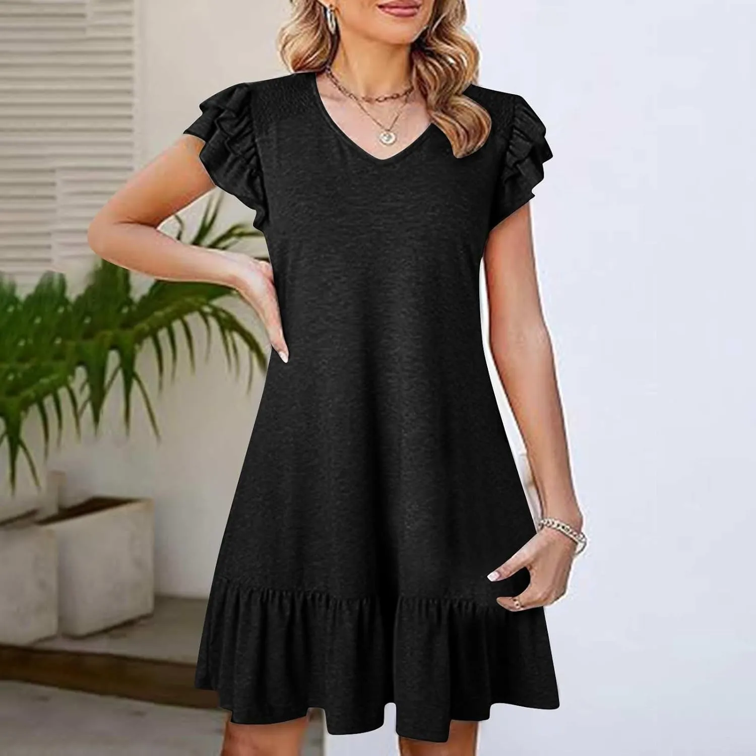 Women Ruffle Trim Mini Dress Dressy Casual V Neck T Shirt Dresses Summer Trendy Beach Sundress Pleated