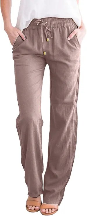 Women Solid Straight Solid Elastic Pants Long Drawstring Linen Women Waist Cotton Casual Wide Leg Womens Pants Plus Size