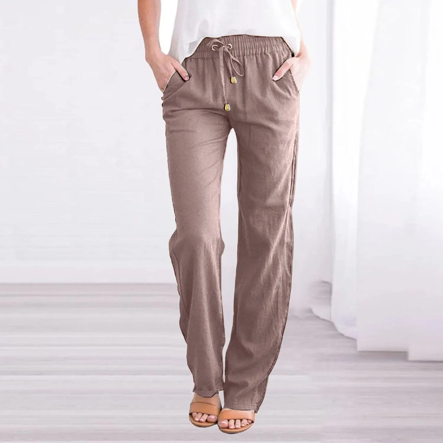 Women Solid Straight Solid Elastic Pants Long Drawstring Linen Women Waist Cotton Casual Wide Leg Womens Pants Plus Size