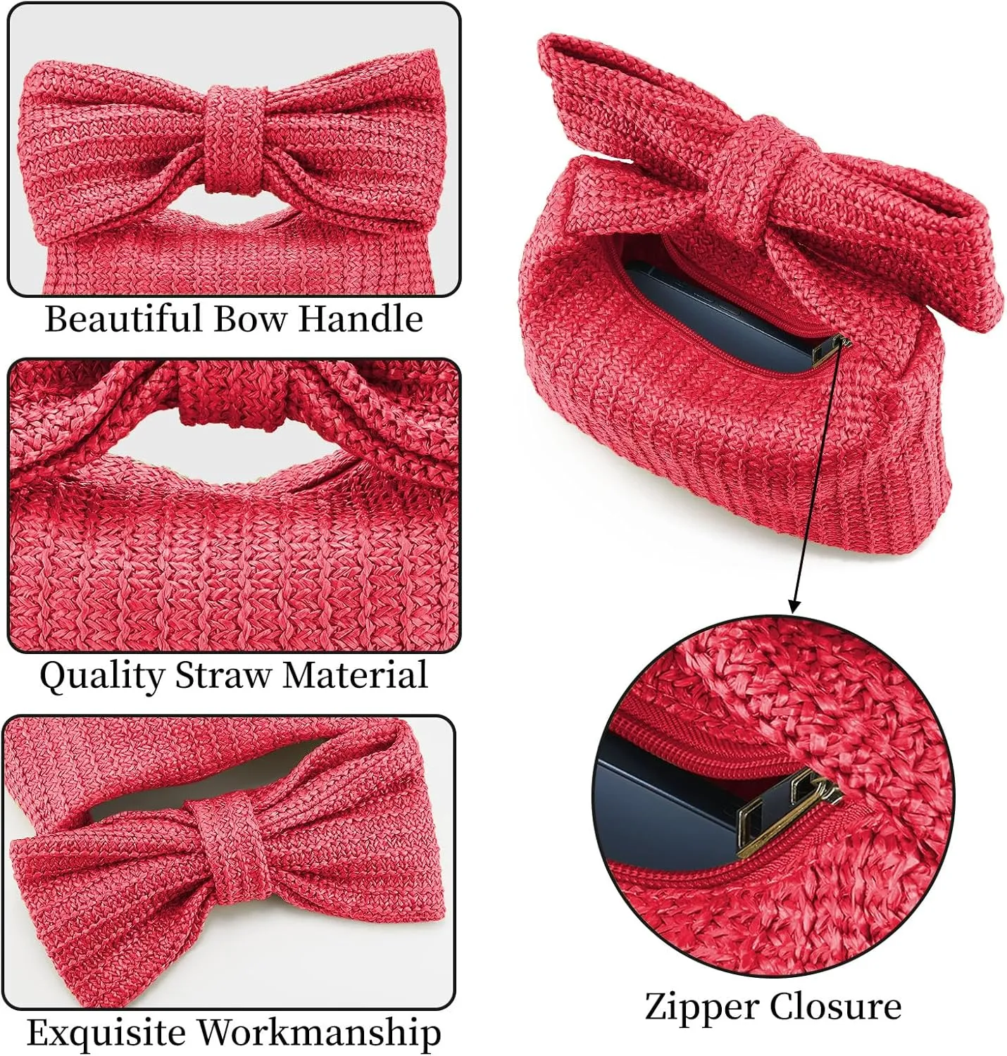Women Straw Clutch Purses Bow Purse Summer Beach Bags Stylish Handmade Woven Handbags for Party Wedding Vacation