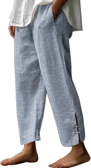Women Summer Cotton Linen Wide Leg Pants Striped Split Elastic High Waist Casual Straight Trousers with Pockets