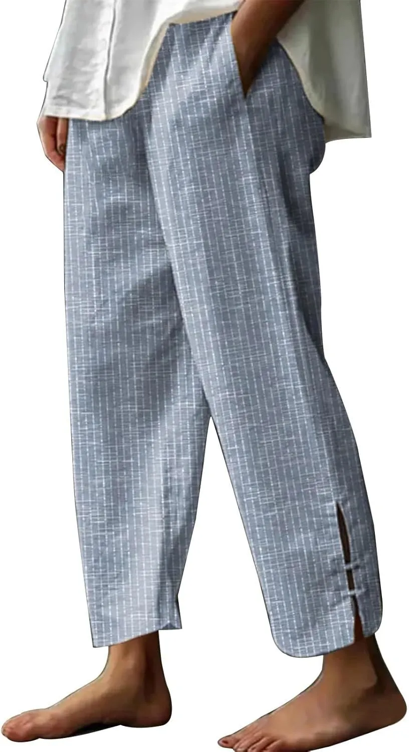 Women Summer Cotton Linen Wide Leg Pants Striped Split Elastic High Waist Casual Straight Trousers with Pockets