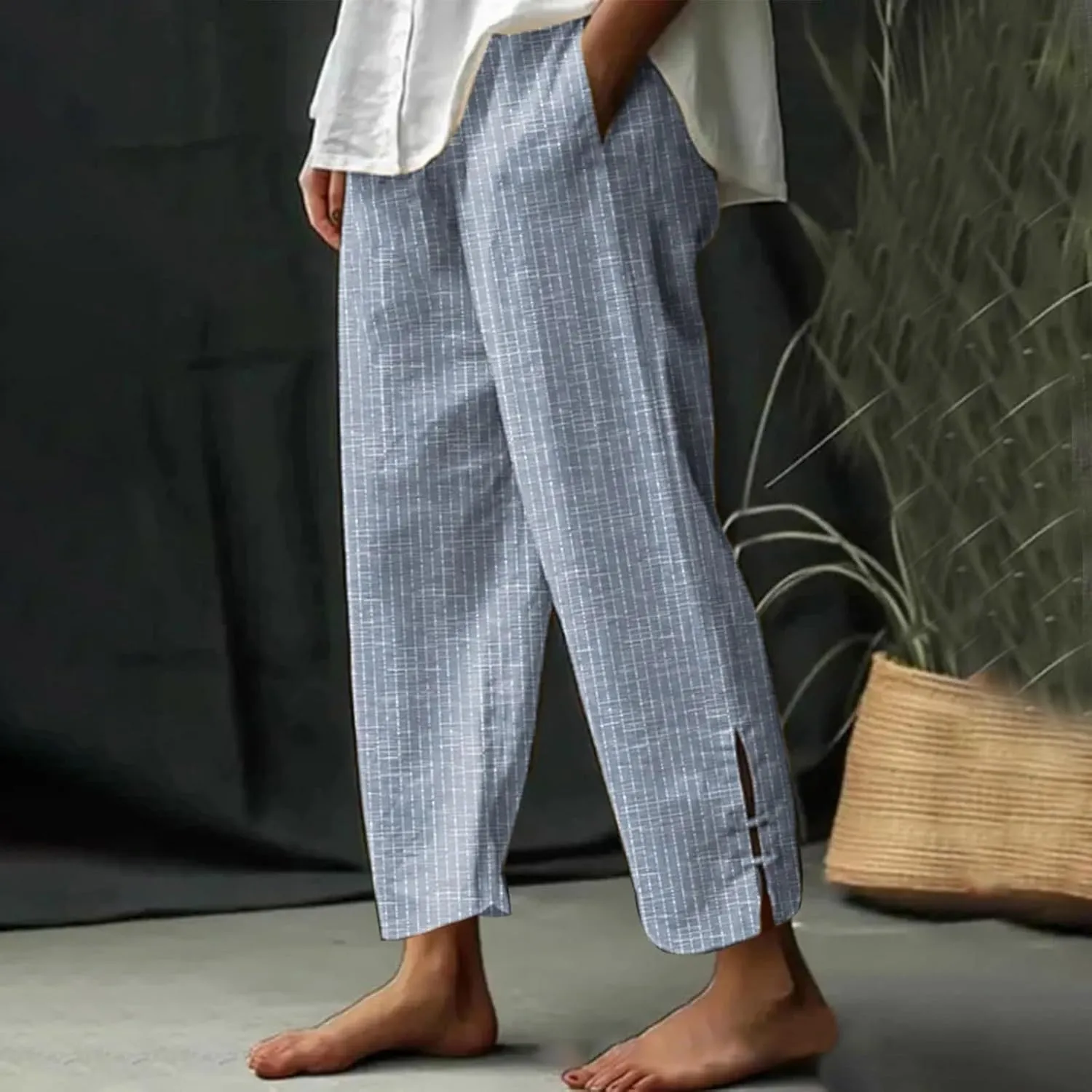 Women Summer Cotton Linen Wide Leg Pants Striped Split Elastic High Waist Casual Straight Trousers with Pockets