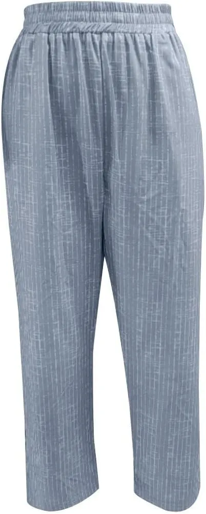Women Summer Cotton Linen Wide Leg Pants Striped Split Elastic High Waist Casual Straight Trousers with Pockets