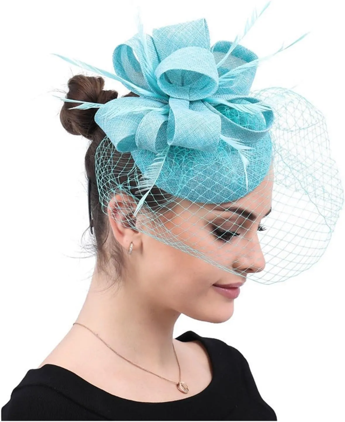 Women Veil Pillbox Hats,Fascinating Sinamay Base Hair Clip Hat, Headband Bowler Feather Bridal Wedding Party Derby Pink Hats Hats