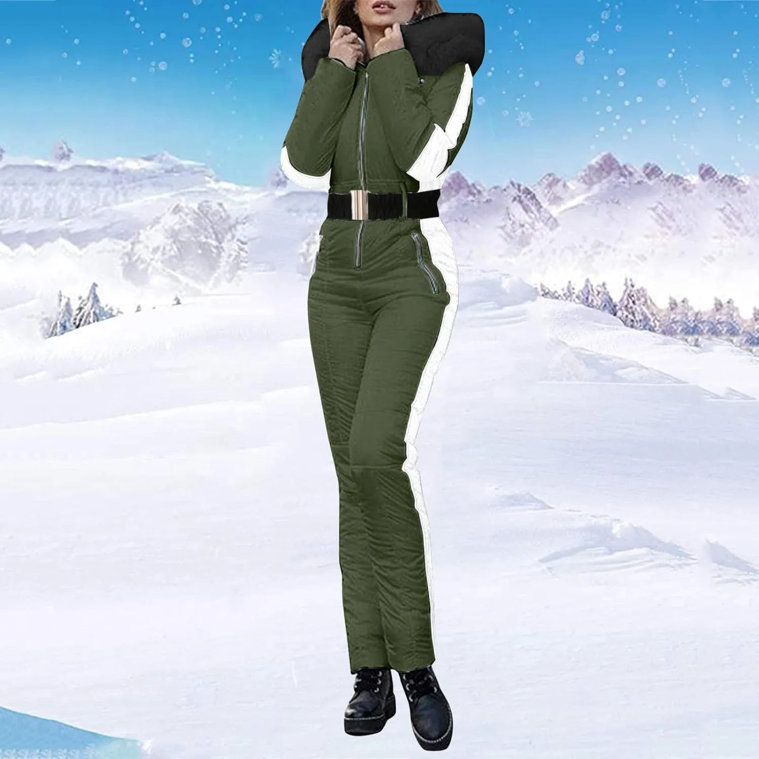 Women Winter One Piece Ski Suits Outdoor Sports Snowsuit Fur Collar Coat Jumpsuit with Hoodies Ski Jackets and Pants