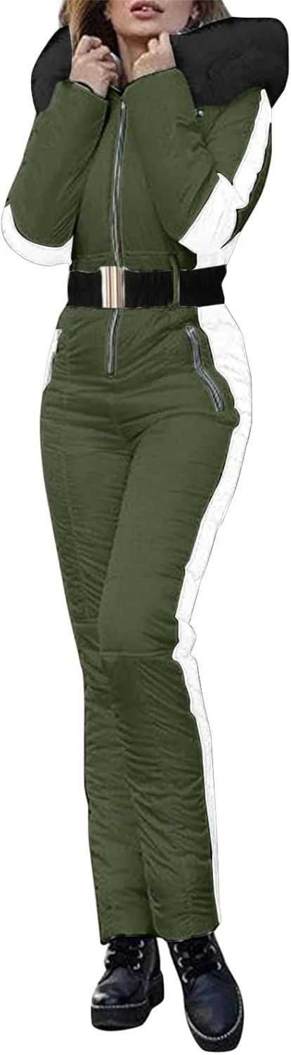 Women Winter One Piece Ski Suits Outdoor Sports Snowsuit Fur Collar Coat Jumpsuit with Hoodies Ski Jackets and Pants